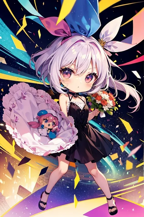 (Chibi: 1.3), Feliz, (holding a bouquet), corpo inteiro,