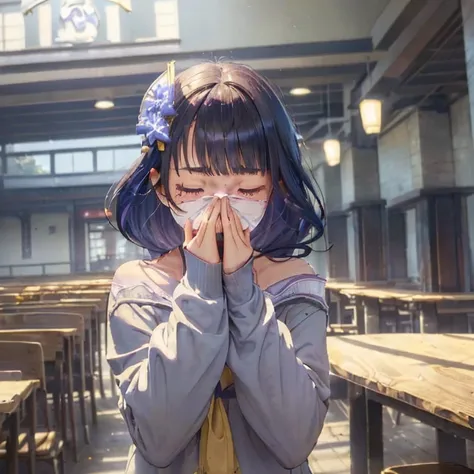 Yellow smoke covering her face, covering nose using bare hand, upward looking gaze、closed her eyes,((student clothes)),(((syncope))),((shed tears)),((((Girl is surprised when she smells the bad smell of farts)))),((((please cover your face with your hands。...