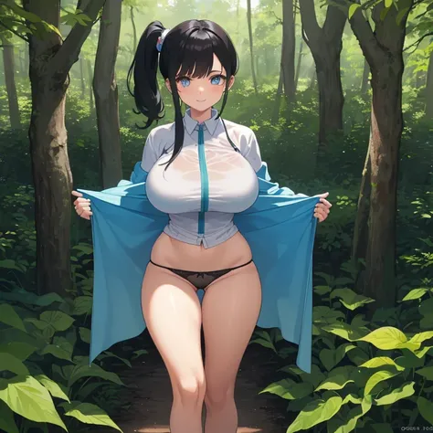 ((1 woman with transparent panties, with a scientists coat)),((just a biomechanical brat)),((big breasts)),((happy face, in a forest)),((wet pussy, nipples erect)),((very large pubic hair)),((short black hair with a side ponytail, with very large bangs cov...