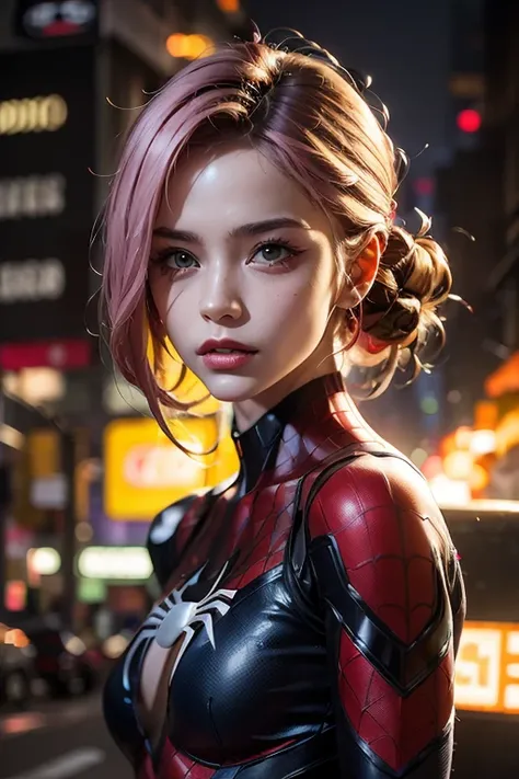 Cyberpunk woman, wearing Spider-Man suit, pink short hair, red smoke all over the place