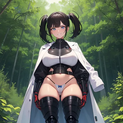 ((1 woman with transparent panties, white scientist coat)),((just a biomechanical brat)),((big breasts)),((in a forest)),((wet pussy, erect nipples)) ,((very large pubic hair)),((short black hair with a side ponytail, with very large bangs covering the fac...