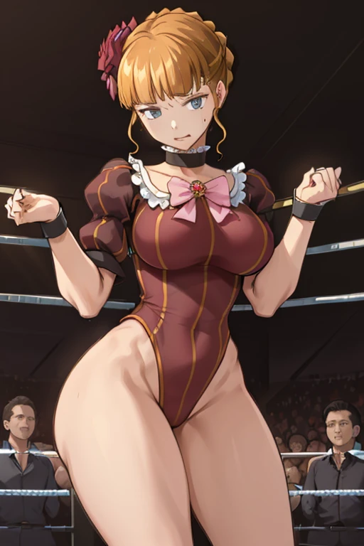 (masterpiece),(best quality),beatrice,  dress, pink bow, hair flower, choker, kiseru, ((Tight leotard)), ((sexy pose)), ((Wrestling ring)), (Big tits), (Wide hips),