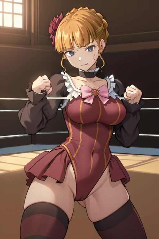 (masterpiece),(best quality),beatrice,  dress, pink bow, hair flower, choker, kiseru, ((Tight leotard)), ((sexy pose)), ((Wrestling ring)), (Big tits), (Wide hips),