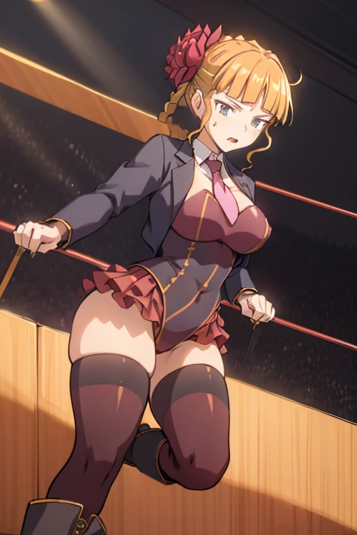 (masterpiece),(best quality),beatrice, beatrice,  human dress,  pink necktie, hair flower, skirt, boots,  in a large boat, ((Tight leotard)), ((sexy pose)), ((Wrestling ring)), (Big tits), (Wide hips),