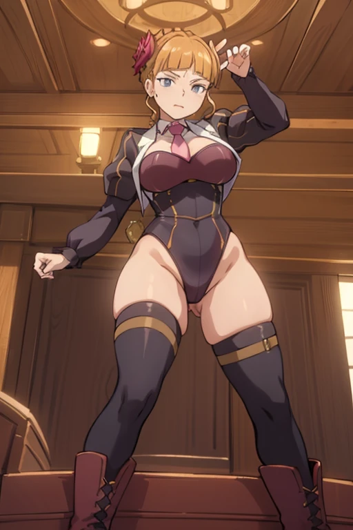 (masterpiece),(best quality),beatrice, beatrice,  human dress,  pink necktie, hair flower, skirt, boots,  in a large boat, ((Tight leotard)), ((sexy pose)), ((Wrestling ring)), (Big tits), (Wide hips),