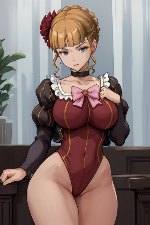 (masterpiece),(best quality),beatrice,  dress, pink bow, hair flower, choker, ((Tight leotard)), ((sexy pose)), ((Wrestling ring)), (Big tits), (Wide hips),