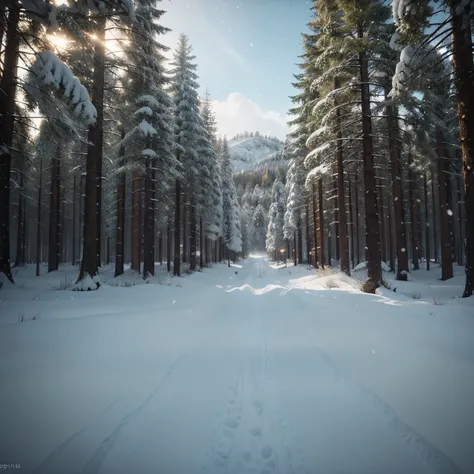 professional photographic view picture of a forest and snow,photographic filter unreal engine 5 realistic hyperdetailed 8k ultradetail cinematic concept art volumetric lighting, fantasy artwork, very beautiful scenery, very realistic painting effect, hd, h...