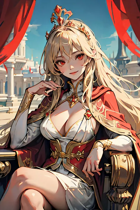 Big tits, cleavage, (masterpiece, best quality),  1girl, solo, (the empress:1.15), light blonde, long hair, (red cape), Curtain, white dress, queen dress, aurora, (sunshine, sky, river, forest), expressionless, red eyes, very long hair, (art nouveau:1.2), ...