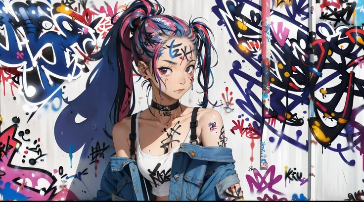 absurdres, best quality,1girl, solo, streaked hair, crop top, denim shorts, choker, (graffiti:1.5),  paint splatter, arms behind back, (slouching), leaning back, against wall, (leaning to the side:0.25), looking at viewer, armband, thigh strap, streaked ha...