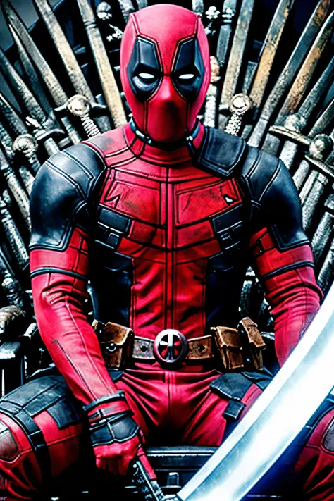 Deadpool sitting on the Iron Throne from Game of Thrones, holding a greatsword in his right hand