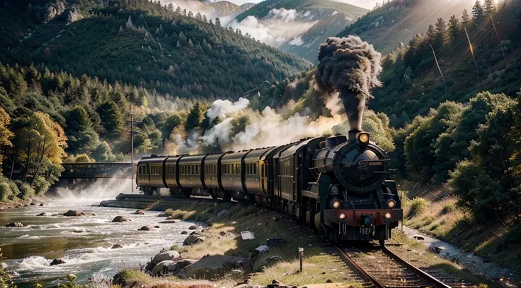 Large landscape, mountains, golden hour, ultra realistic, foggy, cinematic, steam train with turn on lights, spot lights on the train, that train on the high bridge over river, god rays, epic, movie scene, ultra detailed, 24mm lens, forest, trees color var...