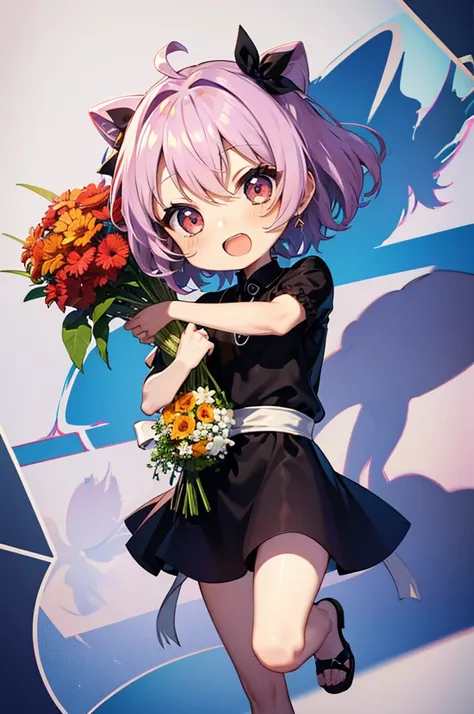 (Chibi: 1.3), Feliz, (holding a bouquet), corpo inteiro,