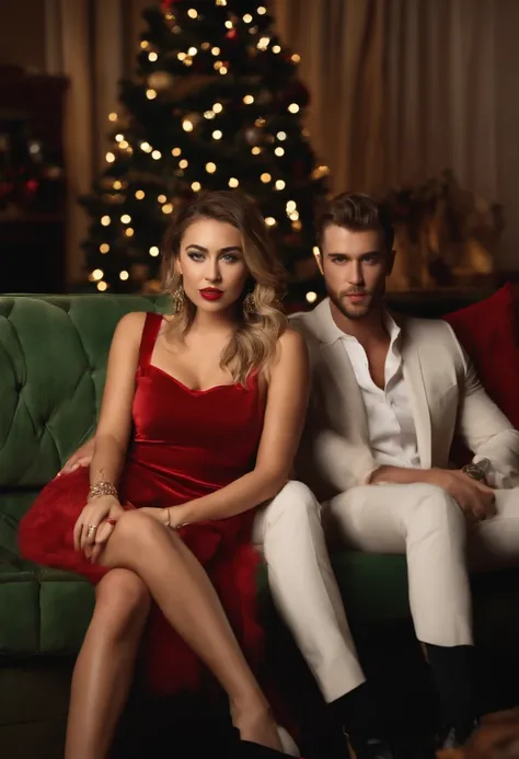 3/4 view, a hyperdetailed analog photograph of a 28yo couple-man and woman sitting on sofa in the Christmass room , Model, similar to Miley Cyrus tender and nice , stylish mini dress, detailed face, realistic eyes, big boob