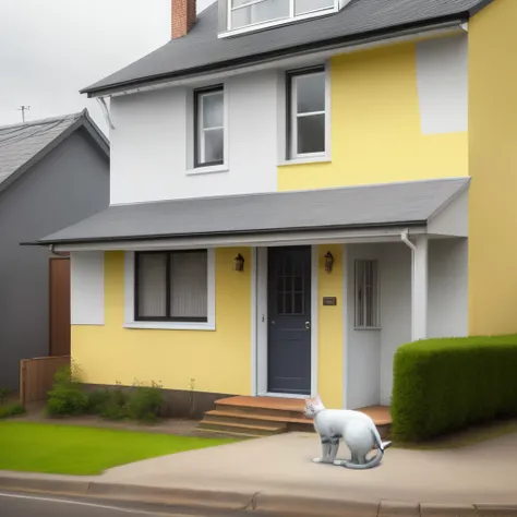 grey and white cat on a yellow house