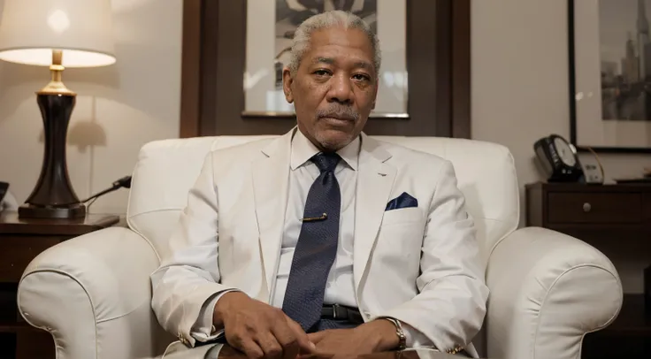 There is a man in a white suit and tie sitting in a chair, Morgan Freeman •, Morgan Freeman como Gordon Freeman, Retrato de Morgan Freeman, homem bonito, Pose triunfante, fazendo uma pose elegante, um homem de 80 anos, ele tem barba e cabelos grisalhos, an...