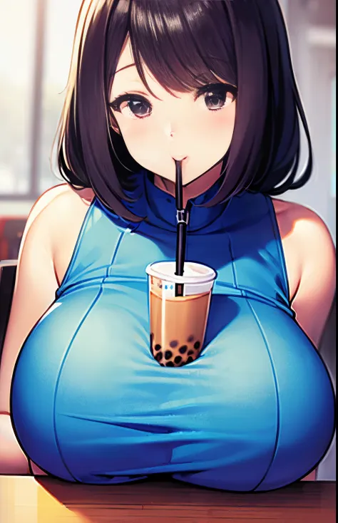 (tmasterpiece:1.4), (Best quality:1.4), anime,comic, 1girl,delicated face，huge boob,Hands-Free_Bubble_Tea_Challenge,Bubble Tea,Breast clamping milk tea