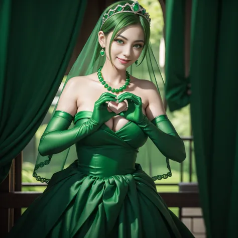 emerald tiara, Green Pearl Necklace, Boyish very short green hair, lipsticks, Japan woman smiling, very short short hair,  big breasts beautiful, Green eyes, Long green gloves made of satin material, Green eyes, Emerald Earrings, green vale, Heart with bot...