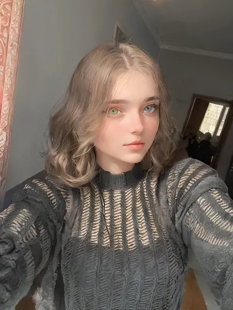 there is a woman taking a selfie with green eyes, anastasia ovchinnikova, with long hair, very very low quality picture, alina ivanchenko, moleksandra shchaslyva, with short hair, dasha taran, she is facing the camera, frontal picture, 8k)), selfie of a yo...