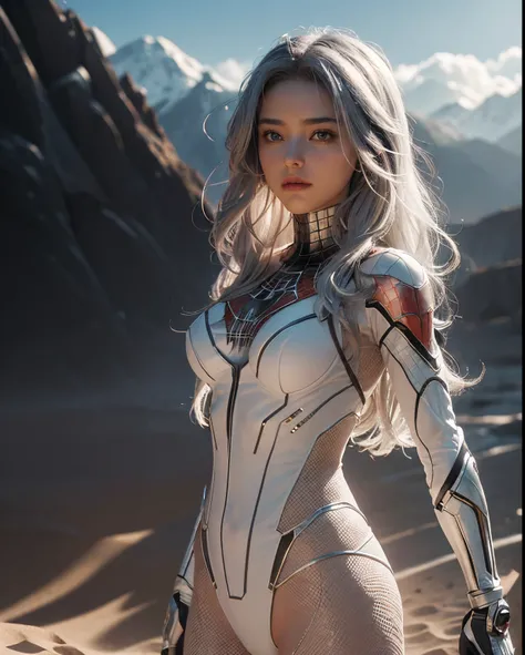 (Extreme Detail CG Unity 8K wallpaper, masterpiece, highest quality), (Exquisite lighting and shadow, highly dramatic picture, Cinematic lens effect), a girl in a white Spider-Man costume, microkini, silver gray hair color, from the Spider-Man parallel uni...