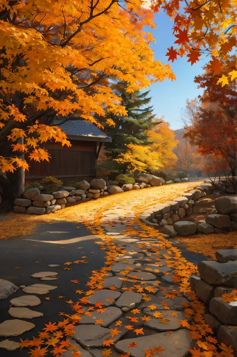 late autumn，maple leaves，stone path，Frost，leaves falling，Scenic beauty，