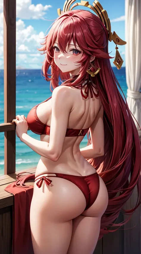 Yae miko , seen from behind , big breastes, red bra, red panties, rose hair, looks at us , ssmile , hiquality , Sexy anime woman