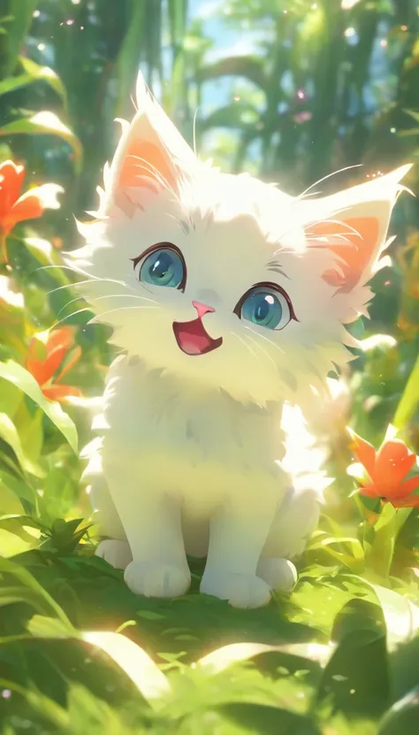 Very cute furry white tropical punk kitten，largeeyes，flower  field，full body Esbian，Bocchi，laughingly，Professional Light，Faraway view，depth of fields，8K，Wide-angle high-angle view，professional photoshoot，rendering by octane，best qualtiy，tmasterpiece，