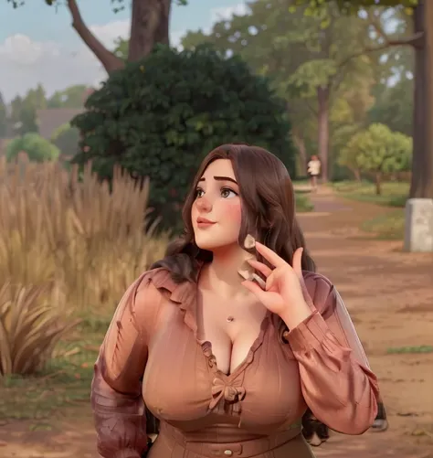 there is a woman in a brown dress standing in a park, plus size woman, at golden hour, by Emma Andijewska, plus size, inspired by Esaias Boursse, alluring plus sized model, a portrait of a plump woman, by Zofia Stryjenska, by Anna Haifisch, shot at golden ...