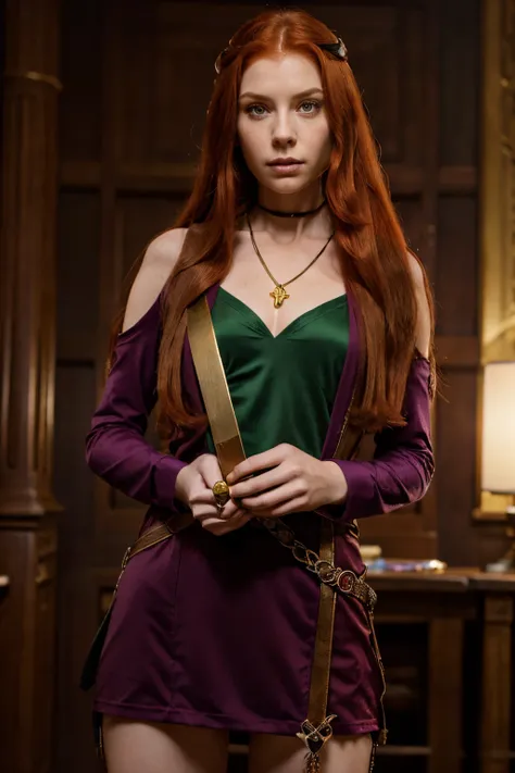 (Serious girl)(long red hair)(purple dress)(green eyes)(Hold a sword in one hand)(hold a gold book in the other hand)(wearing a gobby necklace)