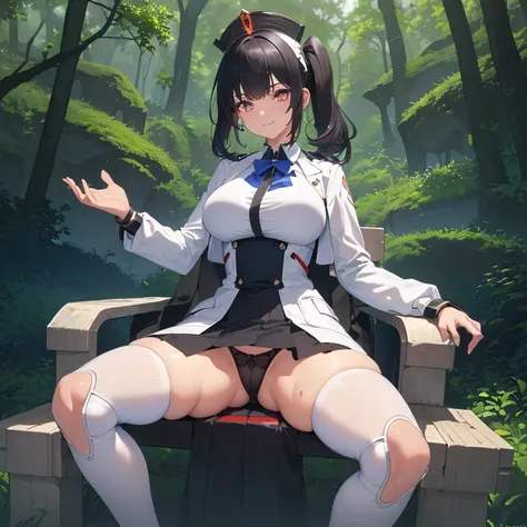 ((1 woman with transparent panties, white scientist coat)),((just a biomechanical brat)),((big breasts)),((in a forest)),((wet pussy, erect nipples)) ,((very large pubic hair)),((short black hair with a side ponytail, with very large bangs covering the fac...