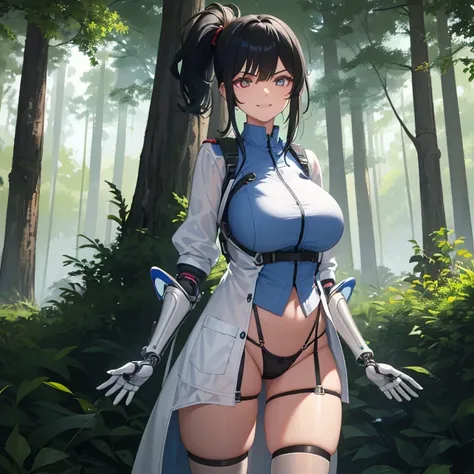 ((1 woman with transparent panties, white scientist coat)),((just a biomechanical brat)),((big breasts)),((in a forest)),((wet pussy, erect nipples)) ,((very large pubic hair)),((short black hair with a side ponytail, with very large bangs covering the fac...