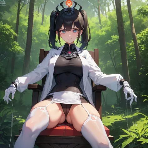 ((1 woman with transparent panties, white scientist coat)),((just a biomechanical brat)),((big breasts)),((in a forest)),((wet pussy, erect nipples)) ,((very large pubic hair)),((short black hair with a side ponytail, with very large bangs covering the fac...