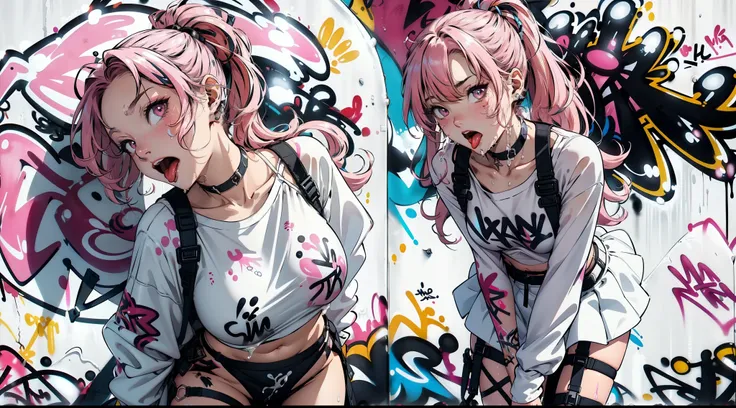 1 girl, ((solo)), absurdres, best quality,1girl, solo, streaked hair, crop top, mini skirt, choker, (graffiti:1.5),  paint splatter, arms behind back, (slouching), leaning back, ((pink hair)), ((medium breast)), against wall, (leaning to the side:0.25), lo...