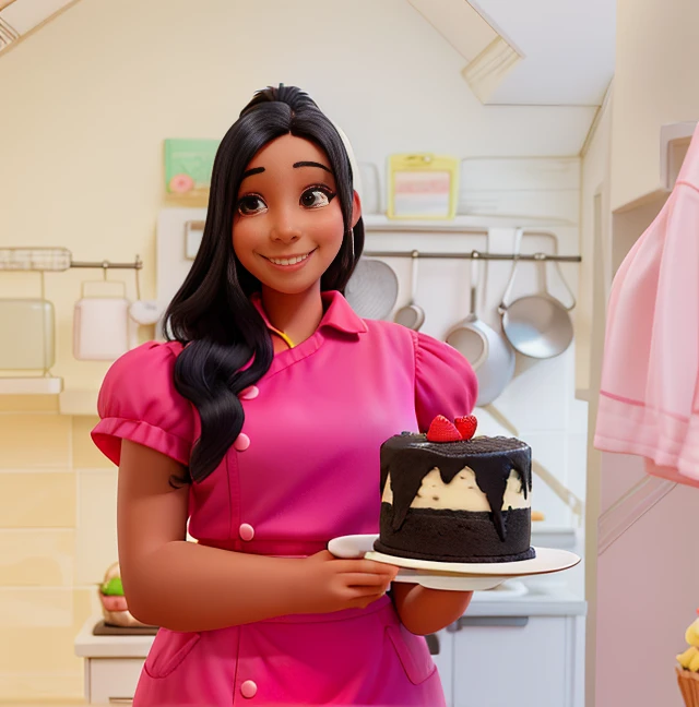 a smiling woman, with black hair and a Brazilian body, with a cake in her hand and wearing a pink chefs outfit. The setting is a bright, pink kitchen