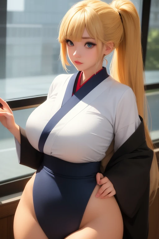 Draw me a blonde hair anime girl with a ponytail were a Japanese school outfit, has blue eyes with big boobs and slim hips