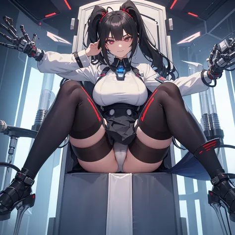 ((1 woman with transparent panties, white scientist coat)),((just a biomechanical brat)),((big breasts)),((in a forest)),((wet pussy, erect nipples)) ,((very large pubic hair)),((short black hair with a side ponytail, with very large bangs covering the fac...