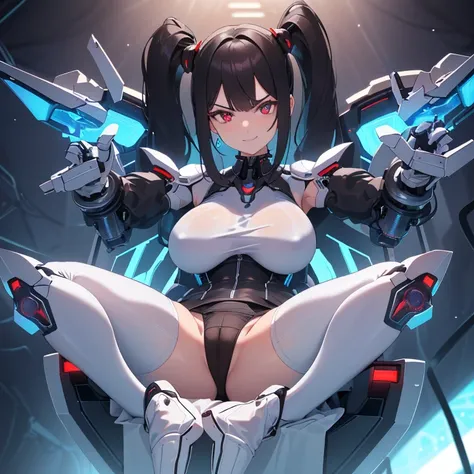 ((1 woman with transparent panties, white scientist coat)),((just a biomechanical brat)),((big breasts)),((in a forest)),((wet pussy, erect nipples)) ,((very large pubic hair)),((short black hair with a side ponytail, with very large bangs covering the fac...