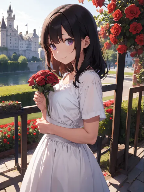 masutepiece, Best Quality:1.2), 8K, 18year old, 85 mm, Official art, Raw photo, absurderes, white wedding dress, tiarra、（（hair adornments））、Pretty Face, close up, full body Esbian, Bouquet of red roses in hand,The background is a castle,violaceaess, garden...