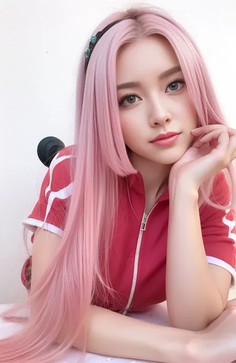 young woman, porcelain skin, short pale pink hair, pink eyebrows, jade green eyes, buttoned nose, thick peach lips, heart-shaped face, wide forehead, red clothes, Sakura Haruno, realism, 3d