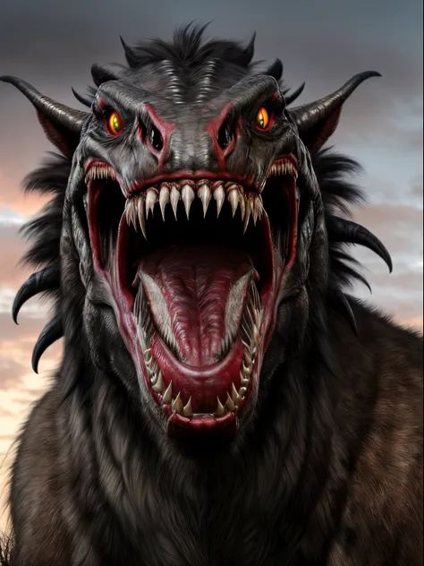 Photorealistic, a colossal prehistoric predator showing teeth very aggressively, a terrifying aura, evil eyes and bloody fur.