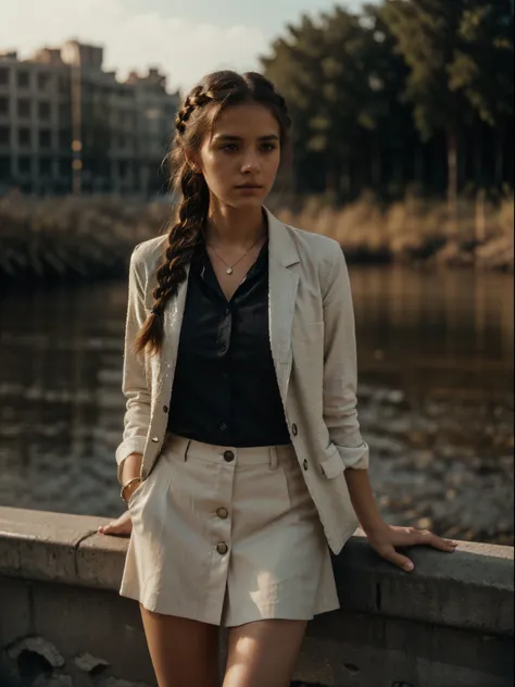 beutiful german girl, 17yo, (olive tan), beautiful (crown braid), detailed young face, light button-up shirt, unbuttoned blazer,...