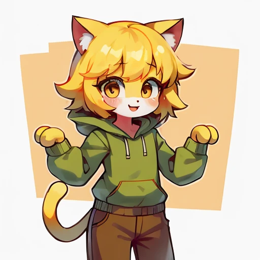 Yellow hair, Yellowish orange fur, green hoodie, brown pants, female, neco arc, cat