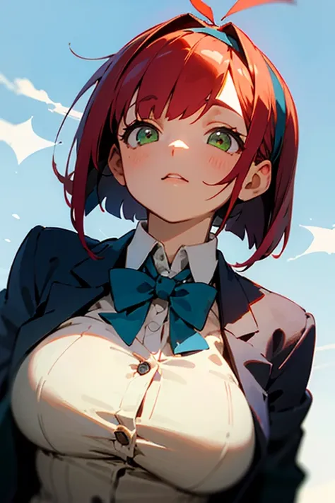 Red Short Bob,Green eyes,big breasts,Girl facing the front,Angle looking up from below,Black Blazer School Uniform,Bow tie on the chest,Hair band on the head,Fluttering skirt,The background is only a blue sky