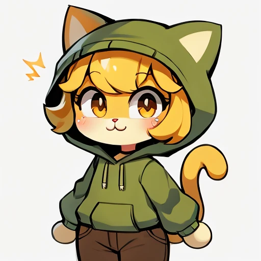 Yellow hair, Yellowish orange fur, green hoodie, brown pants, female, neco arc, cat