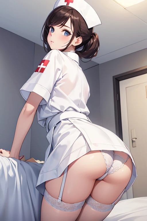 (masterpiece, best quality, high-resolution, ultra-detailed, best quality), detailed body, 
BREAK
1girl, white skin, 
BREAK
Nurse, white Nurse uniform, nurse cap, white skirt, white panties, white stockings, white garter belt, (leaning forward:1.2), (close...