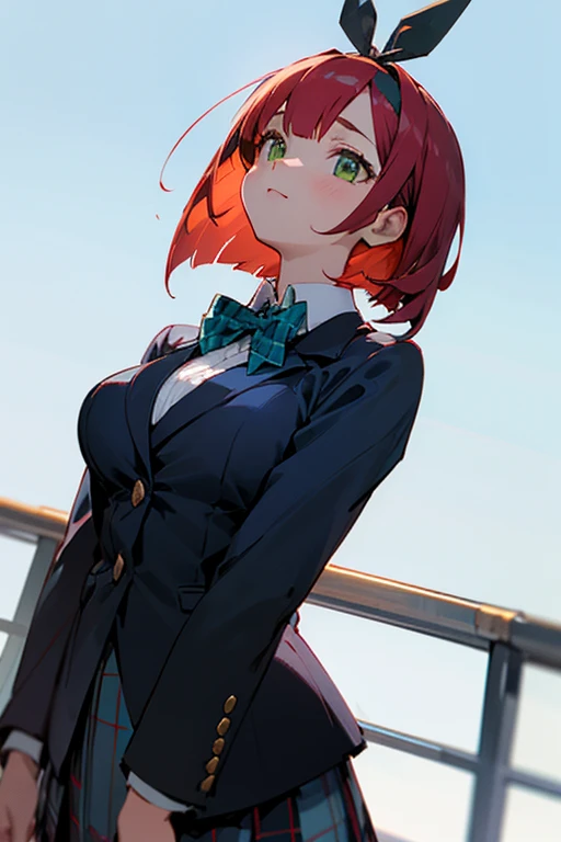 Red Short Bob,Green eyes,big breasts,Girl seen from the front,Angle looking up from below,Black Blazer School Uniform,Bow tie on the chest,Hair band on the head,Fluttering skirt,Plaid skirt,The background is only a blue sky