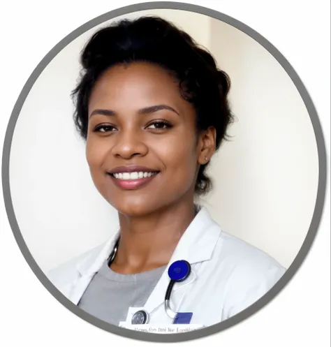 a close up of a dark black woman doctor, in a lab coat smiling, whoppi Goldberg, Thaís Araújo, dark black woman doctor, Dark black woman healthcare professional, Profile photo, dark black woman doctor, wearing lab coat and blouse with badge and stethoscope...