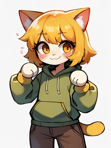 Yellow hair, Yellowish orange fur, green hoodie, brown pants, female, neco arc, cat