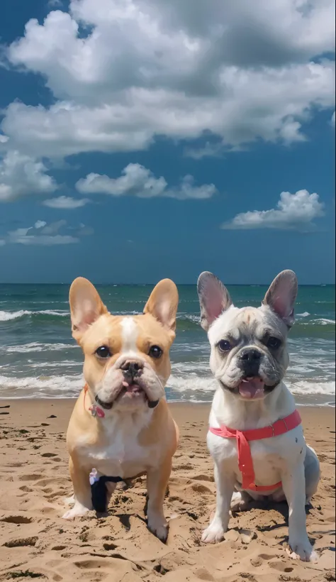 Anime-style photo of a French bulldog wearing a cream-colored casual shirt and a mixed bulldog wearing a tutu and hair bow with down-pointing ears sharing food, arte digital detalhada bonito, arte oficial altamente detalhada, painting digital adorable, Ret...