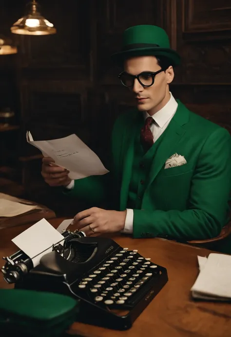 A vintage typewriter with a mysterious message typed on the paper,Batman,Ed is tall with neat black hair, glasses, wears a green suit, wears a bowler hat, famously portrayed by Cory Michael Smith