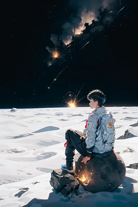 Boy on moon with a exploding star that he’s watching from back view with the text star boy above